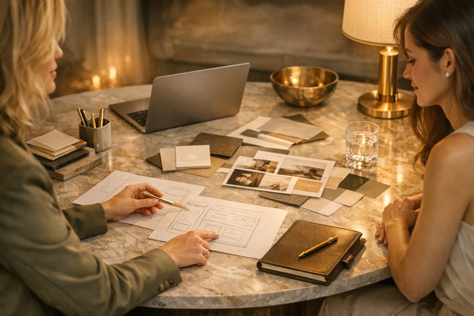 Premium discovery session with sketches, material samples, and warm golden lighting.