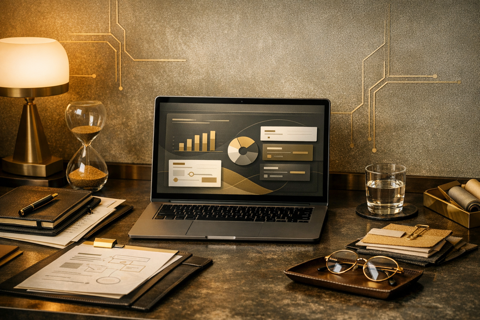 Premium desk setup with a laptop showing an abstract client delivery dashboard in warm golden tones.