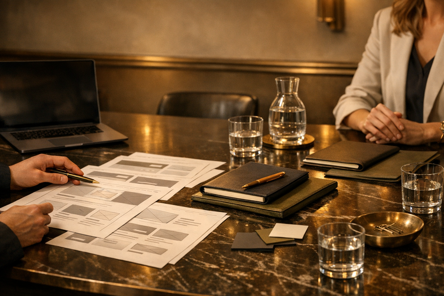 Premium strategy workshop table with wireframes, notebooks, and warm golden lighting.